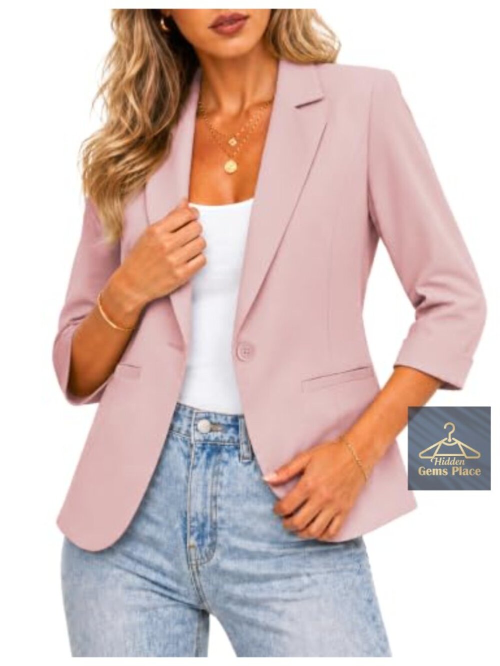 Women's Lightweight Casual Blazer 3/4 Sleeve Office Wear Suit Jacket